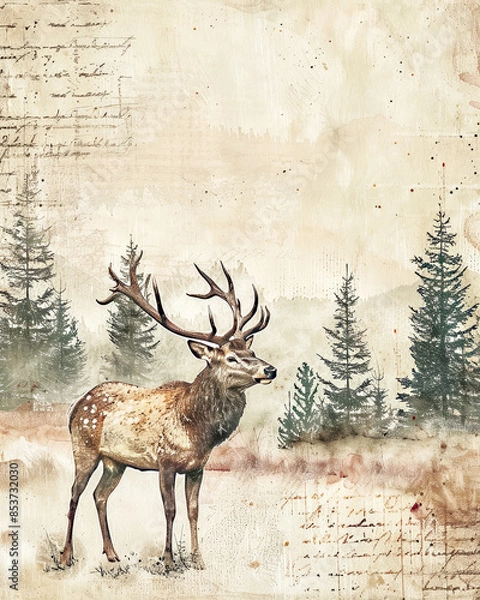 Fototapeta Watercolor Woodland Deer Stag Background in Vintage Distressed Style
