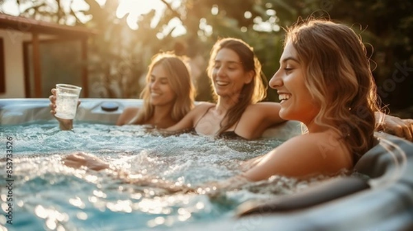 Obraz Three friends enjoy a relaxing and fun-filled evening in a hot tub, sharing laughter and drinks under the warm, golden sunlight.