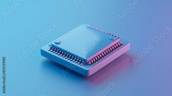 Fototapeta High-tech microchip on a gradient blue-pink background, representing modern technology and innovation in electronic hardware. 3D Illustration.