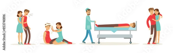 Fototapeta Woman Help Man as Emergency First Aid and Rescue Scene Vector Set