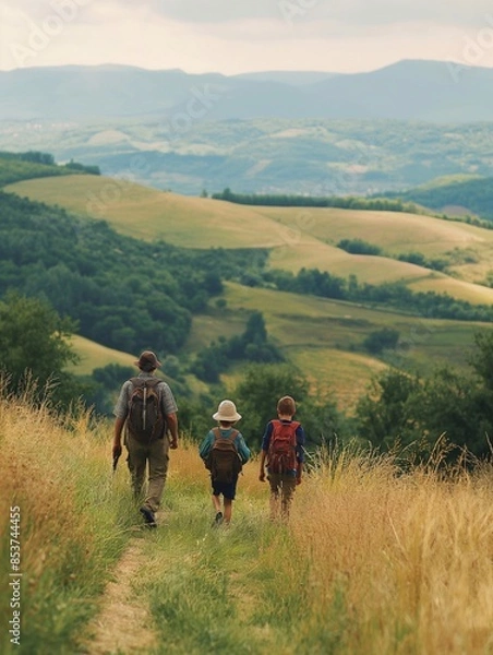 Fototapeta a family hiking together in the mountains in the vacation trip. sweaty walking in the beautiful nature. fields and hills with grass.