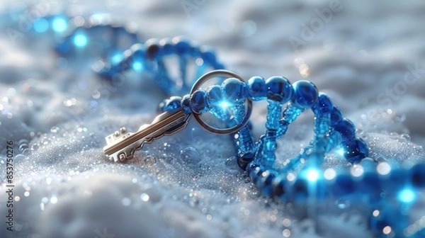 Fototapeta a futuristic blue metallic key on a DNA-shaped keychain, blue light, minimalist style, white backdround,