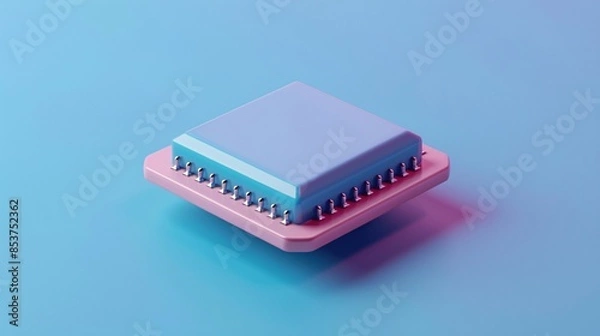 Fototapeta Modern computer chip on a blue and pink gradient background, showcasing advanced technology and futuristic design in electronics. 3D Illustration.