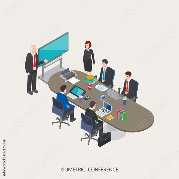 Fototapeta Flat 3d isometric vector illustration conference concept design, Abstract urban modern style, high quality business series.