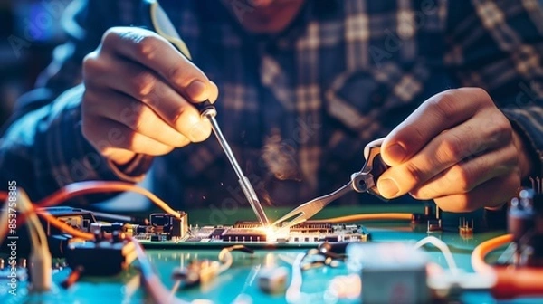 Fototapeta Close-up of hands soldering electronic components on a circuit board