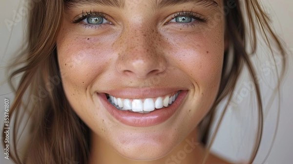 Obraz Close-up of a woman's smile with beautiful lips and healthy white teeth becomes more prominent and charming  for dental and dentist advertisements