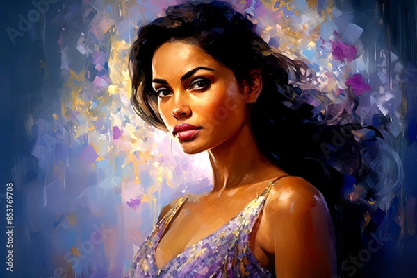 Fototapeta Portrait of a beautiful woman in colorful background. Generative Ai