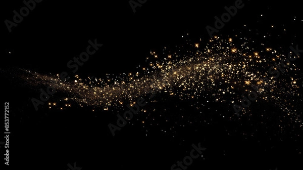 Fototapeta A single trail of sparkling gold glitter on a black background, with the trail transforming into an elegant and graceful curve that conveys movement and fluidity. The particles in each grain sparkle 