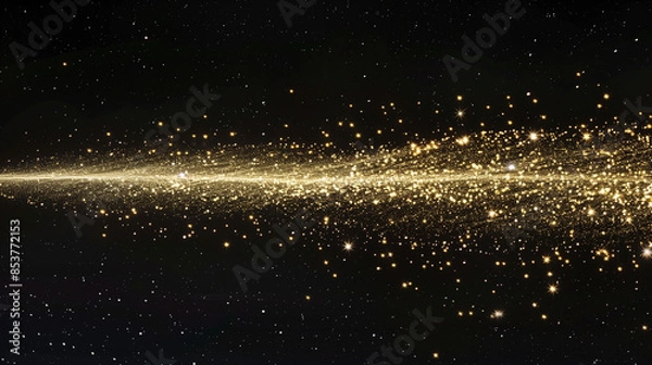 Fototapeta A single trail of sparkling gold glitter on a black background, with the trail transforming into an elegant and graceful curve that conveys movement and fluidity. The particles in each grain sparkle 