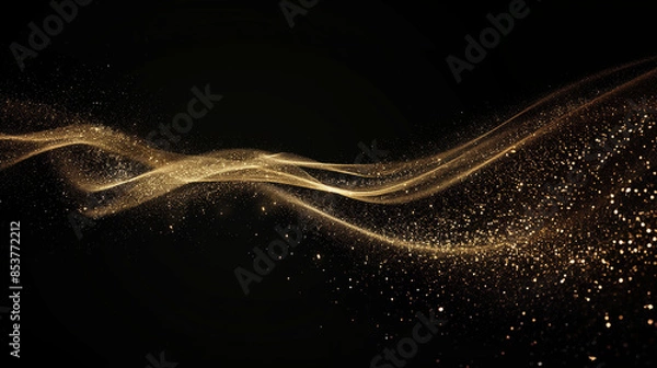 Fototapeta A single trail of sparkling gold glitter on a black background, with the trail transforming into an elegant and graceful curve that conveys movement and fluidity. The particles in each grain sparkle 