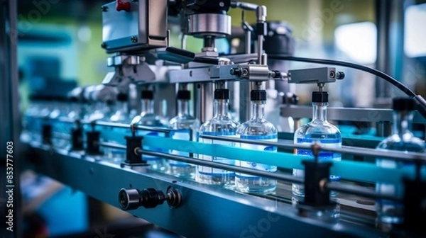 Fototapeta Efficient product packaging line under led lighting on conveyor belt for optimal visibility