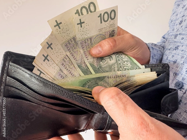 Obraz  man takes Polish zlotys from his wallet. Man counting money pln