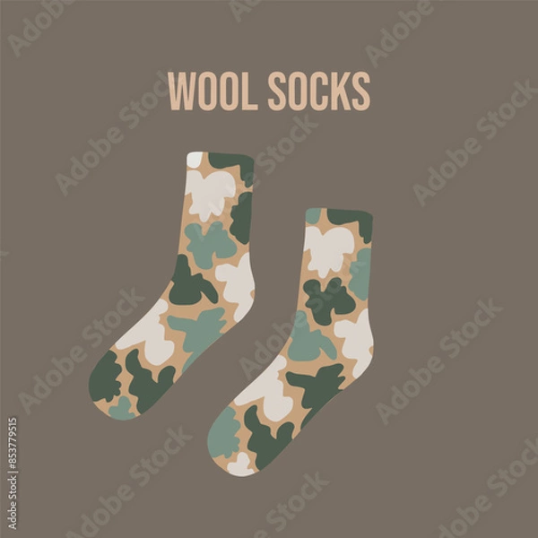 Fototapeta Textile children's sock in militaristic coloring with wool socks caption, vector