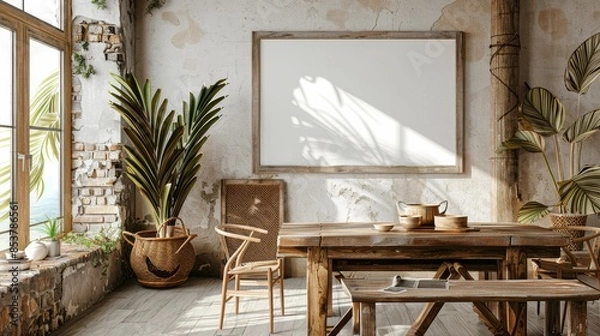 Obraz Frame mockup in nomadic boho kitchen interior with rustic decor