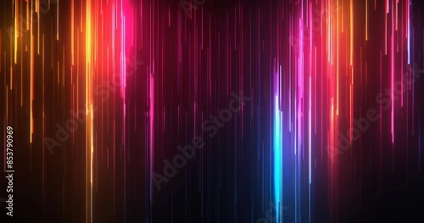 Fototapeta Abstract background with neon light lines in the shape of long vertical glowing rays on a black background
