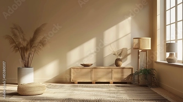 Obraz Home mock up, modern beige room interior, Scandinavian style