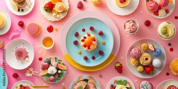Fototapeta Colorful and creative pastries and desserts are arranged on a pink background. The photo is taken from a top-down perspective.