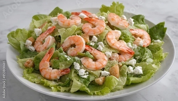 Fototapeta Tempting Shrimp Caesar Salad on Elegant Marble Table: A Culinary Delight