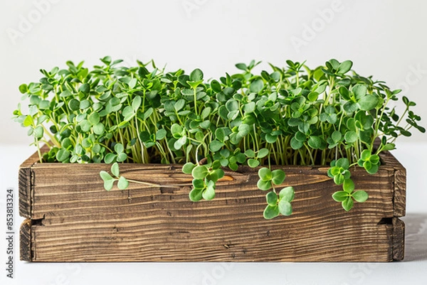 Fototapeta Microgreens in a wooden box. Farm bioproducts.