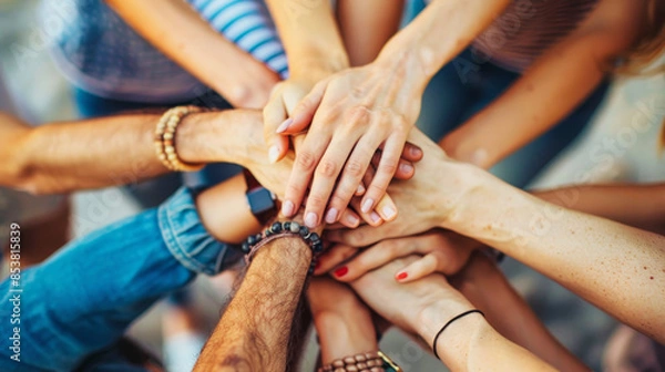 Fototapeta Team building exercise with closeup of team stacking hands in harmony