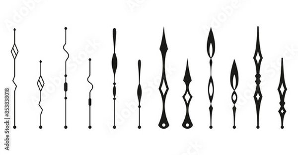 Obraz Clock pointer arrows. Black silhouette chronometer elements. Clock arms set. Watch hands, isolated time pointers. Vector cartoon illustration