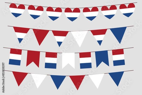 Fototapeta Netherlands flag set bunting vector. Flag heart triangle shape elements isolated on white background.