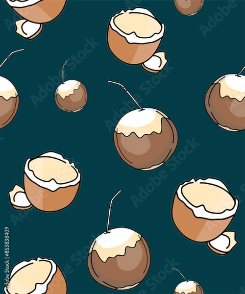 Fototapeta Color vector background, seamless pattern, coconut, tropical cocktail