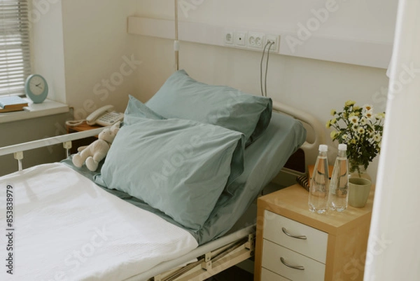 Fototapeta Hospital ward with single bed with light mint linen and wooden night stand with vase full of daisies and two bottles of water on top