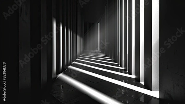 Fototapeta Moody black and white corridor with dramatic shadows and light, creating a sense of mystery and depth
