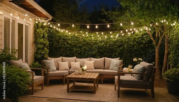 Fototapeta A relaxing outdoor patio with comfortable seating, string lights, and a fire pit area,