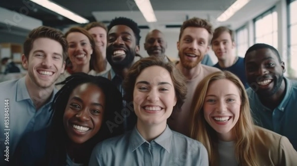 Fototapeta Diverse business team, A team of people from different cultures in an office having fun taking a group photo. Fun work environment. Happy people at work.