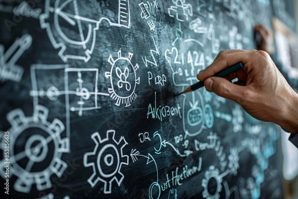 Fototapeta Person using chalk pen on blackboard