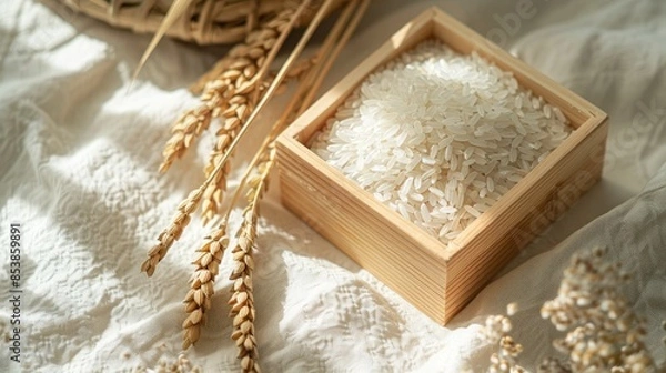 Obraz a wooden square box filled with rice, with ears and grain placed on the side, set against a plain background with no text or images.