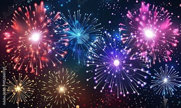 Obraz Vibrant fireworks display illuminating the night sky with colorful blasts of light and energy, perfect for celebrations and festive events.