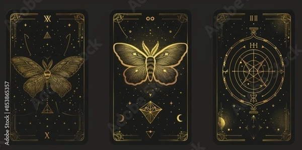 Fototapeta In black occult shiny linear labels with a magical frame stylized as engraving, there are golden outline mushrooms, fly agaric, penny buns and phases of the moon.