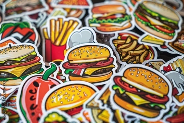 Fototapeta Colorful fast food stickers featuring burgers, fries, and a red pepper
