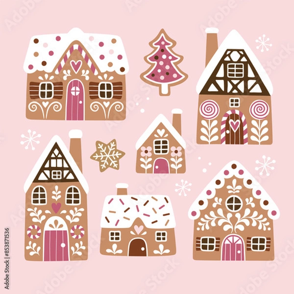 Fototapeta 
Set of hand drawn gingerbread houses and Christmas cookies. Snowy winter village icons.  Perfect for sticker or nursery print design.
