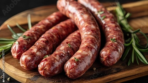 Fototapeta Close-up of several raw sausages garnished with fresh rosemary on a wooden cutting board