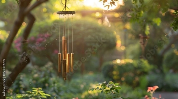 Fototapeta Elegant koshi chimes swaying gently in the breeze, capturing the essence of sound healing therapy in a serene outdoor setting, perfect for yoga and meditation