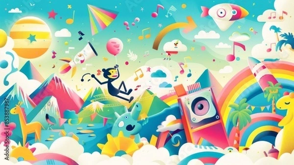 Fototapeta Music festival graphics, fun music concept, all kinds of animals and monsters playing music and enjoying the music.