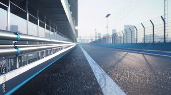 Fototapeta side view of modern and minimalistic racing track with the city background, black asphalt on left side, blue accents, sky is light grey, low angle shot, photo realistic, 
