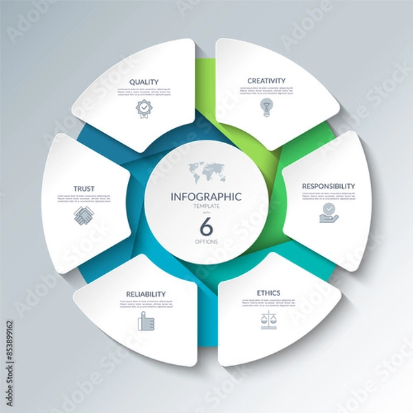 Obraz Infographic circular diagram with 6 options. Round chart that can be used for business analytics, data visualization and presentation. Vector illustration.