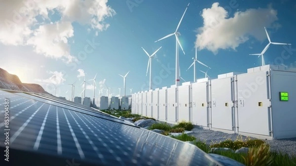 Obraz Renewable energy site with solar panels, wind turbines, and battery storage units under a blue sky with clouds. Sustainable energy solution.