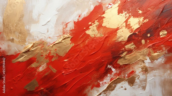 Fototapeta Closeup of abstract rough gold red art painting texture, with oil acrylic brushstroke, pallet knife paint on canvas, Generative AI