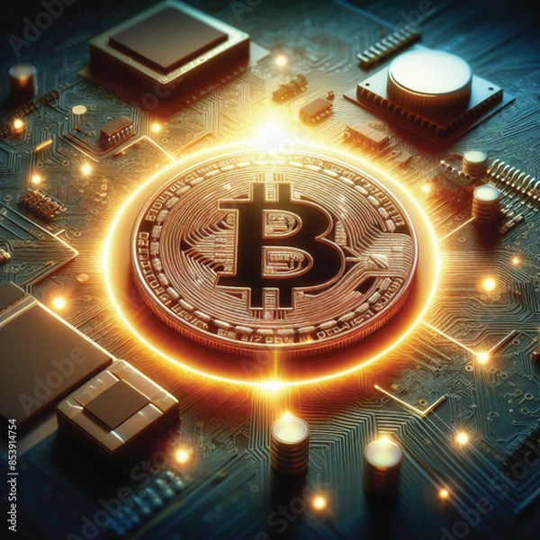 Fototapeta A glowing Bitcoin coin in the center with neon lights shows the AI ​​chip circuit. Neon lights run along the graph, moving up and down. Dynamic image.
