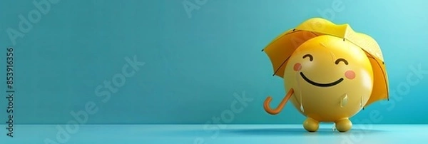 Obraz A 3D rendering of a happy sun emoji holding a yellow umbrella on a blue background. Generative AI