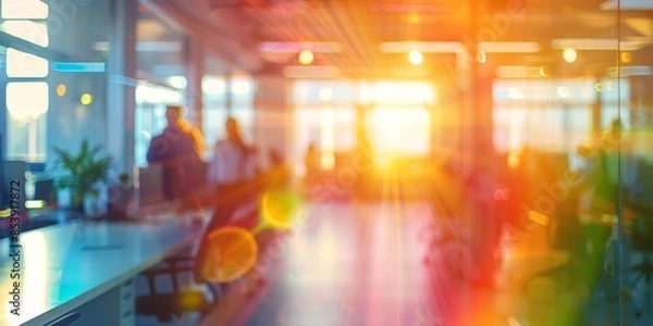 Fototapeta Celebrating pride month in the office. Blurred open plan vibrant creative workplace image with a very little minimal touch of rainbow lens flare.