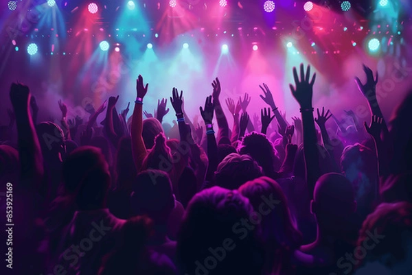 Obraz Crowd of people dancing at concert illuminated by blue and purple lights