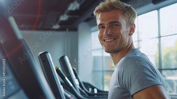 Fototapeta Fit young trainer demonstrating proper form on a treadmill, smiling confidently