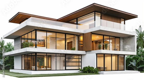 Fototapeta A large, modern house with a lot of glass windows and a balcony